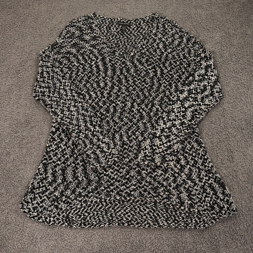 Eileen Fisher Top Womens Small Black White Knit Crochet Oversized Sheer Festival